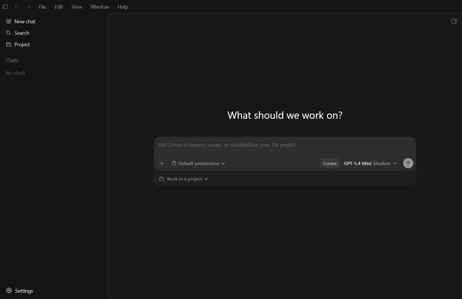 Cortex desktop workspace with a project sidebar and a conversation field for TIA Portal tasks